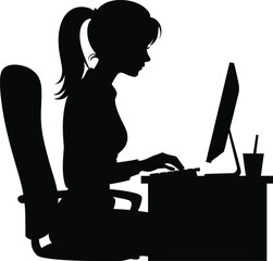 Silhouette of a Woman Working at a Desk with Computer and Coffee