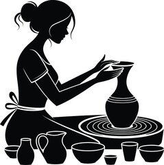 Woman Potter Silhouette Working on Pottery Wheel Creating Ceramic Vase Artwork
