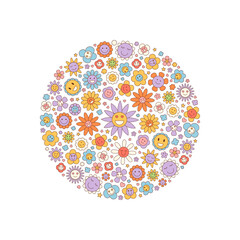 Groovy retro floral circle pattern with happy face and colorful flower in cute doodle. Smiling concepts, vibrant y2k background for cheerful and modern visuals.