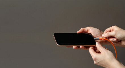Hands connect an orange charging cable to a smartphone in a minimal studio