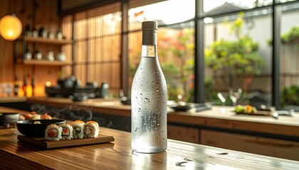 Sake Bottle with Sushi Rolls in Traditional Japanese Restaurant