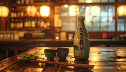 Sake Bottle and Cups in Traditional Japanese Restaurant