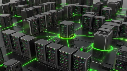 Glowing green server racks in digital data center grid - Powered by Adobe