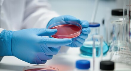 Scientist carefully examines a red petri dish in a sterile laboratory setting