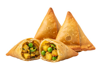 golden samosas with potato pea filling on white background
