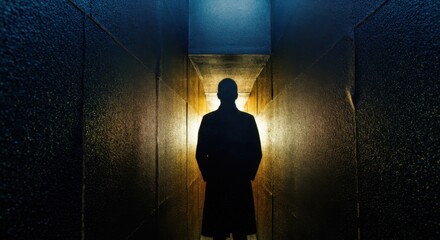Obraz premium Man silhouette stands in narrow illuminated corridor with strong backlight