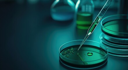 Lab scene with a pipette hovering over a petri dish and liquid culture
