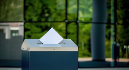 Ballot box with voting paper being inserted in modern polling station area