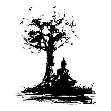 Spiritual ink drawing of Buddha meditating under a sacred tree