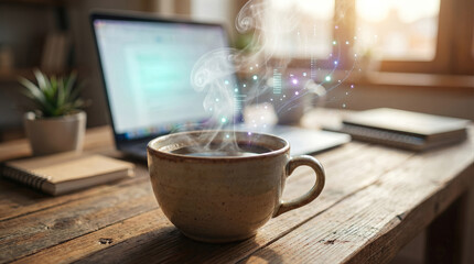 Steaming mug of coffee on a rustic desk with laptop background, showing abstract digital data flow and technology visualization, representing remote work and innovation concept.