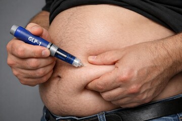 Overweight man injecting GLP-1 weight loss medication into abdominal fat fold using a blue medical pen, close up concept of obesity treatment