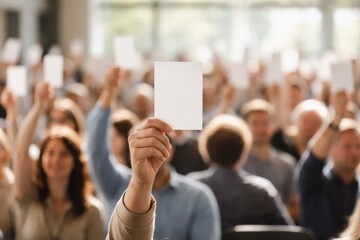 Diverse group of attendees at a conference holding up blank cards, showcasing engagement and participation.