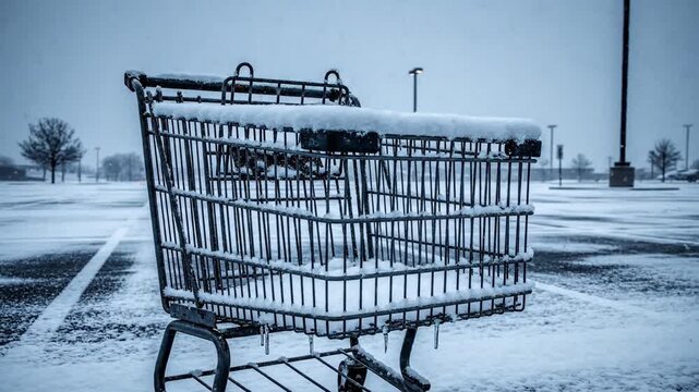 Empty shopping cart covered in snow in an empty winter parking lot during a