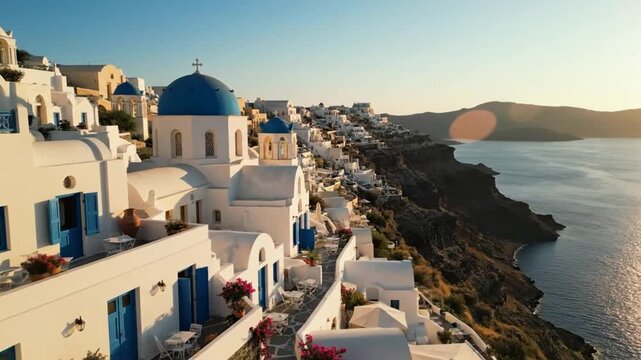 Scenic aerial view of Santorini island in Greece during sunset with white buildings, blue domes, and stunning landscape