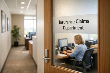 A focused female office worker in a blue shirt processes claims in the Insurance Claims Department.