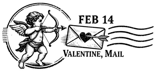 Vintage cupid shoots a love letter marked Feb 14 with a heart-piercing arrow in this romantic retro Valentine&rsquo;s Day stamp design.
Perfect for cards, social media posts, or romantic email headers.