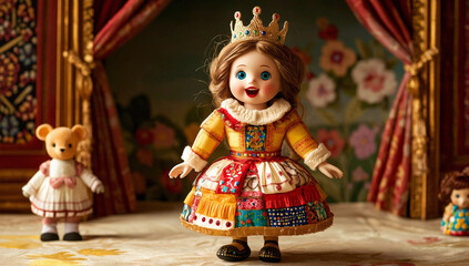 Porcelain Doll in Patchwork Dress with Crown and Background Dolls
