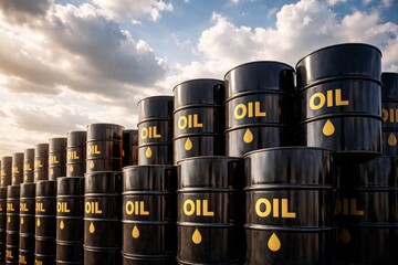 A stack of black oil barrels labeled 'OIL' against a dramatic sky.