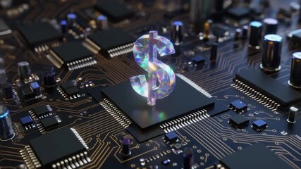 Holographic dollar sign on microchip in digital circuit board - Powered by Adobe