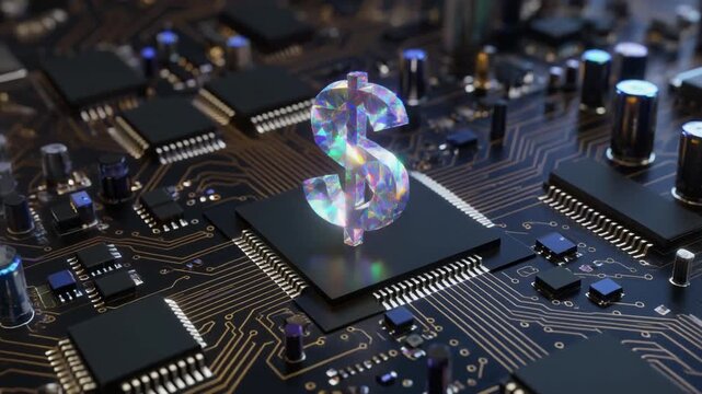 Holographic dollar sign on microchip in digital circuit board