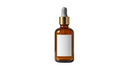 Amber glass dropper bottle with blank label for cosmetic or pharmaceutical product packaging on white background, isolated