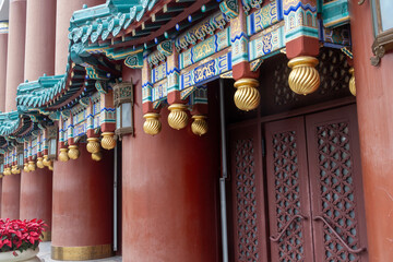 Colourful pillars at Great Hall of the People in Chongqing, China.