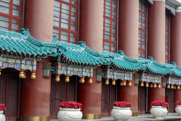 Colourful pillars at Great Hall of the People in Chongqing, China.
