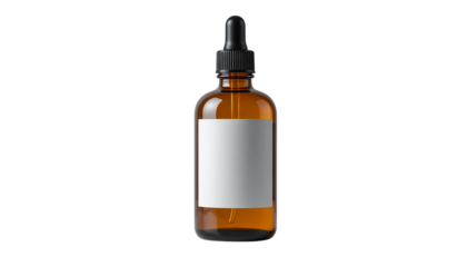 Amber glass dropper bottle with blank white label, isolated on white background, perfect for essential oils or cosmetic products