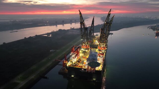 Rotterdam, Netherlands. Drone flight over industrial area with cargo ports, containers and a semi-submersible ship, heavy lifting crane. Machines designed for work at sea