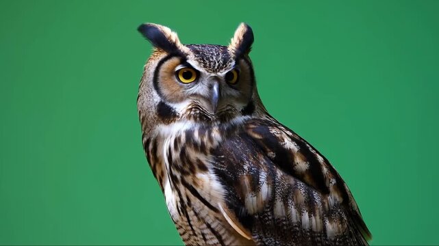 Great Horned Owl close up turning head to look at camera isolated on green screen