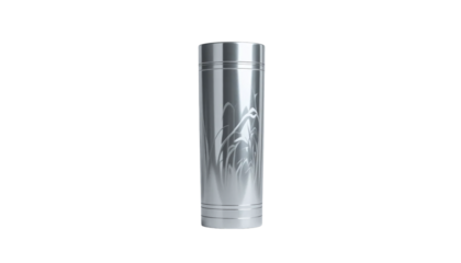Tall cylindrical metallic container with a decorative giraffe silhouette, isolated on a pure white background for product showcase
