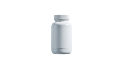A plain white pill bottle stands in stark isolation against a pure white background, emphasizing its simple form and sterile appearance