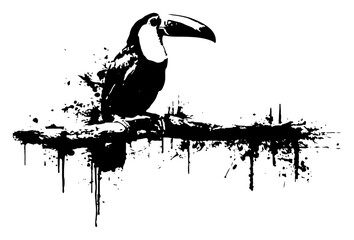 Artistic black and white ink illustration of a toucan bird on a branch © UrbanDruid