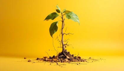 Drought stricken plant wilts in dry cracked soil, stark yellow background, urgent need for water
