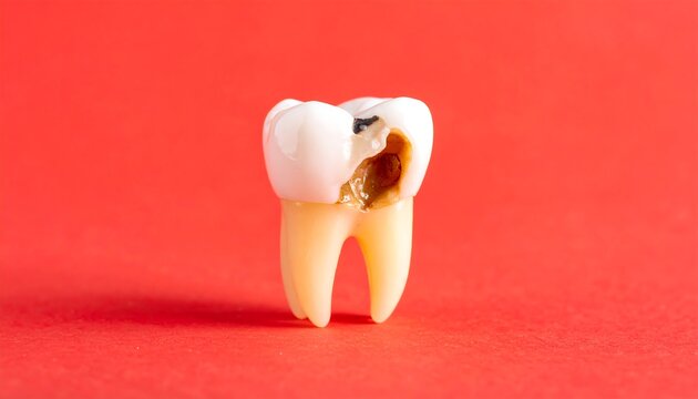 Dental abscess with pus-filled pocket at tooth root, urgent medical issue on red background.