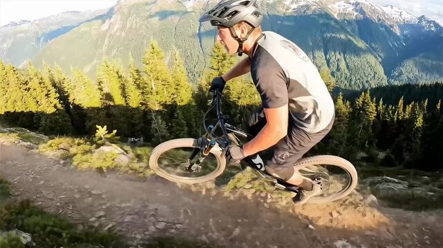 Professional Mountain Biker Riding Downhill on a Rugged Rocky Trail at Sunset with Panoramic Alpine Views