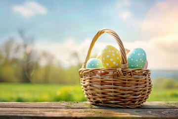 traditional decoration of colorful painted easter eggs in a vintage basket over wooden background in spring.	