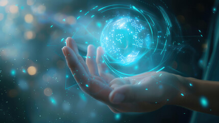 futuristic technology concept, human and artificial intelligence collaboration, transparent holographic interface floating between human hand and digital AI core.	
