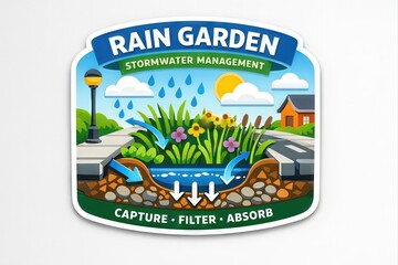 Illustrative depiction of a rain garden showcasing stormwater management techniques with an emphasis on capturing filtering and absorbing rainwater for sustainable landscaping