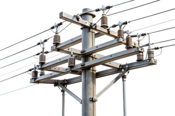 Steel power transmission pole with insulators and wires isolated on a transparent background