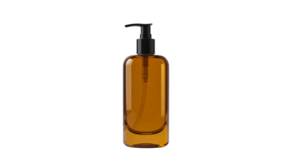 Amber glass pump bottle for cosmetic or personal care products, isolated on a clean white background, suitable for product photography