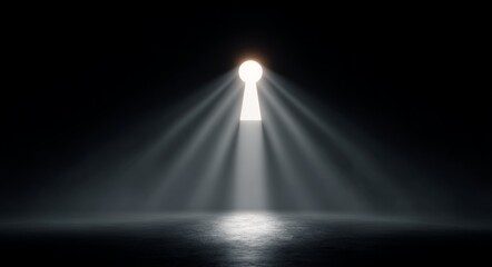 A bright light shining through a keyhole in a dark room symbolizes opportunity and discovery, a banner for text or product image.