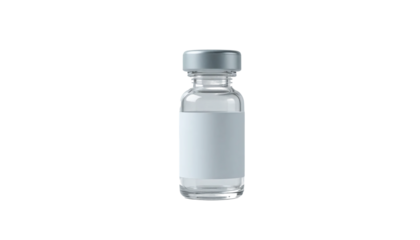 A clear glass vial containing a colorless liquid with a white blank label, isolated on a white background, suggesting medical or scientific use