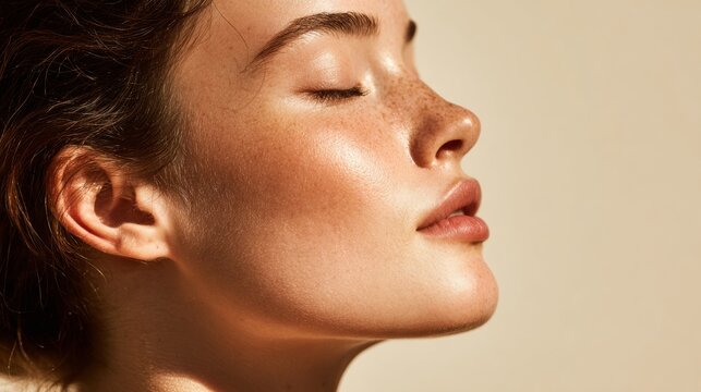 Beautiful woman in profile with eyes closed and beige background