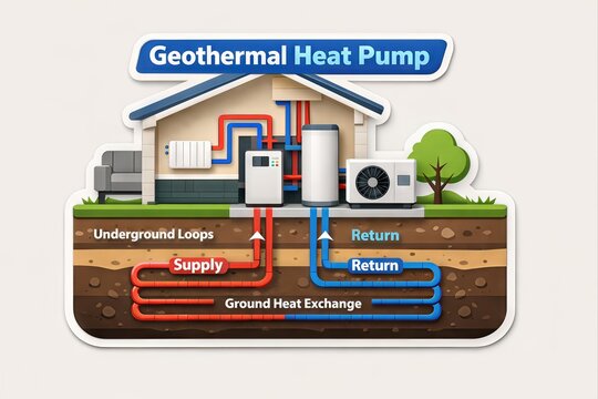 Comprehensive overview of geothermal heat pump technology highlighting supply and return processes through underground loops and ground heat exchange elements for sustainable living solutions