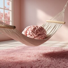 Conceptual 3D rendering of a human brain relaxing in a hammock in a pink minimalist room. Mental rest.