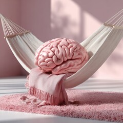 Conceptual 3D rendering of a human brain relaxing in a hammock in a pink minimalist room. Mental rest.