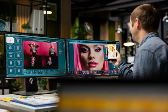 Skilled photo editor working on creative editing and generating content, creating materials for the portfolio with artificial intelligence. Professional designer employs AI chatbot.