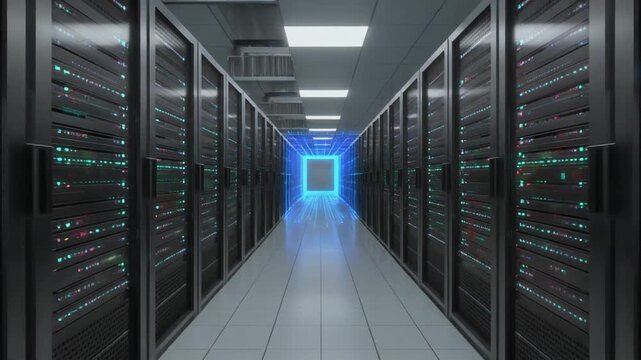 Server room with glowing blue portal at end of central aisle