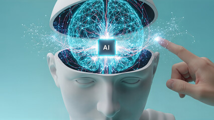 Human hand interacting with a glowing artificial intelligence brain neural network and central AI microchip inside an open 3D rendered head model.